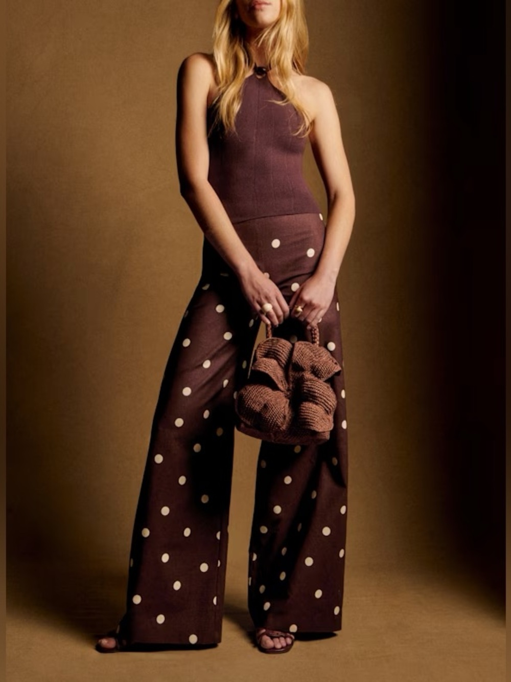 Sezane Camillo Trousers Pants Ecru Polka Dots on Chocolate Print Size 34 US 2
